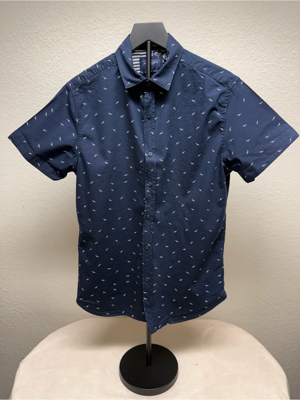 Denim & Flower Navy Short-Sleeve Button-Up with Micro Print